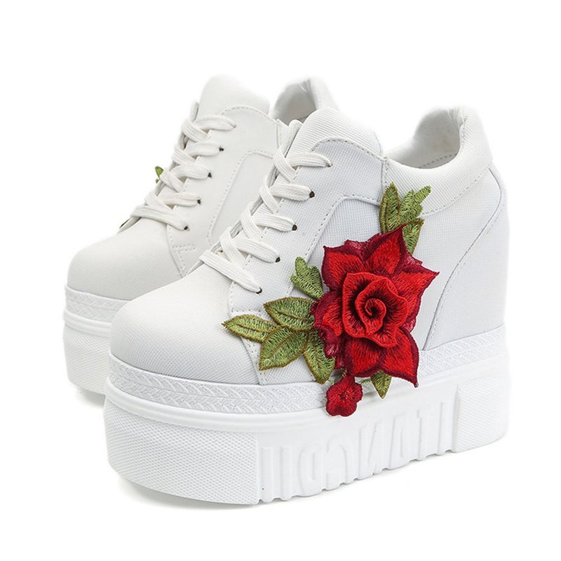 ACE SHOCK Women Fashion Platform Sneakers Wide Width High Hidden Heel Wedge Walking Shoes Flower (6, White) - Image 1